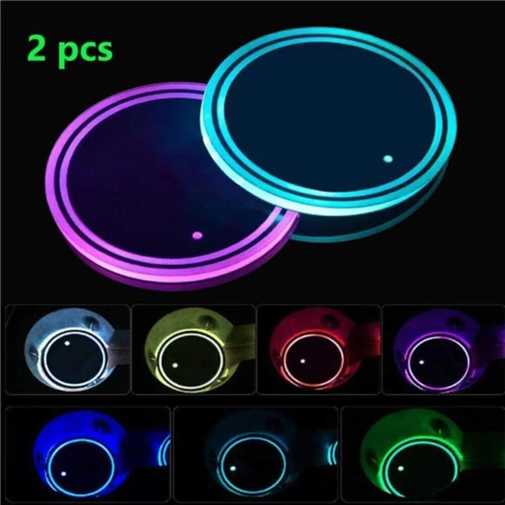 LED Light Car Cup Coasters 2-Pack Cup Holder Anti Slip Rubber Vehicle 7 Colors